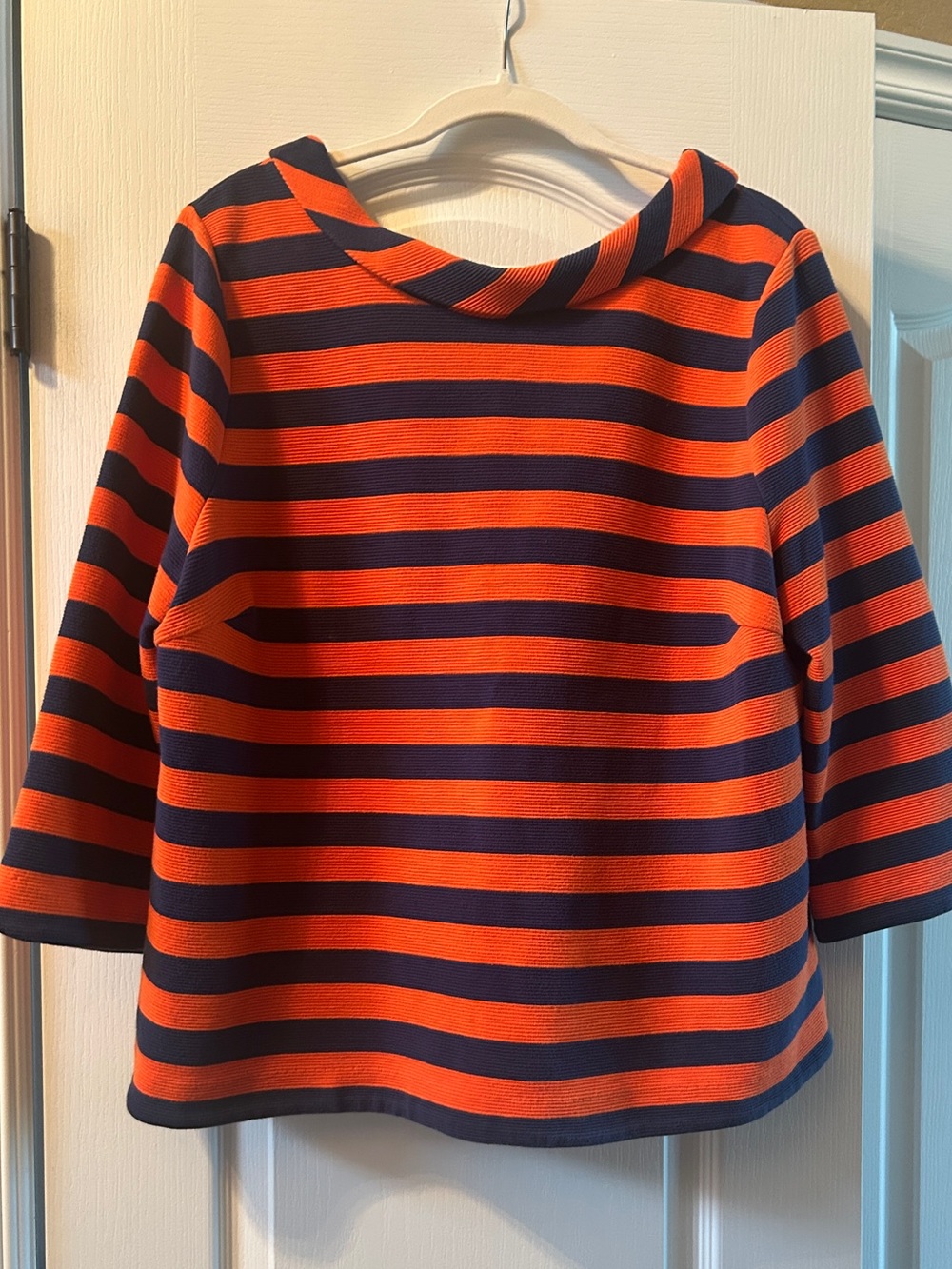 Boden Orange and Navy Striped Boatneck Top